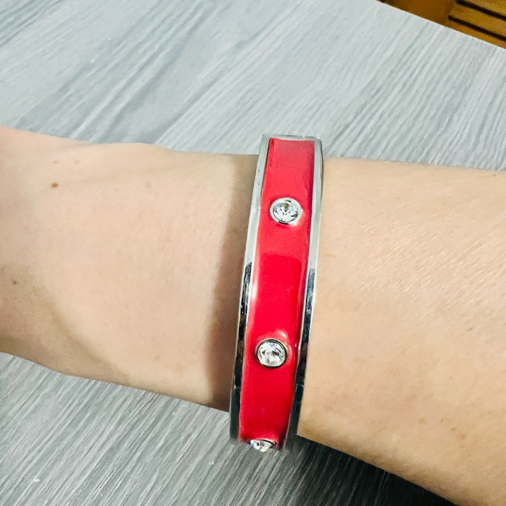 Vintage Silver and Pink Enamel Hinged Bangle Bracelet with CZ Diamonds, EUC